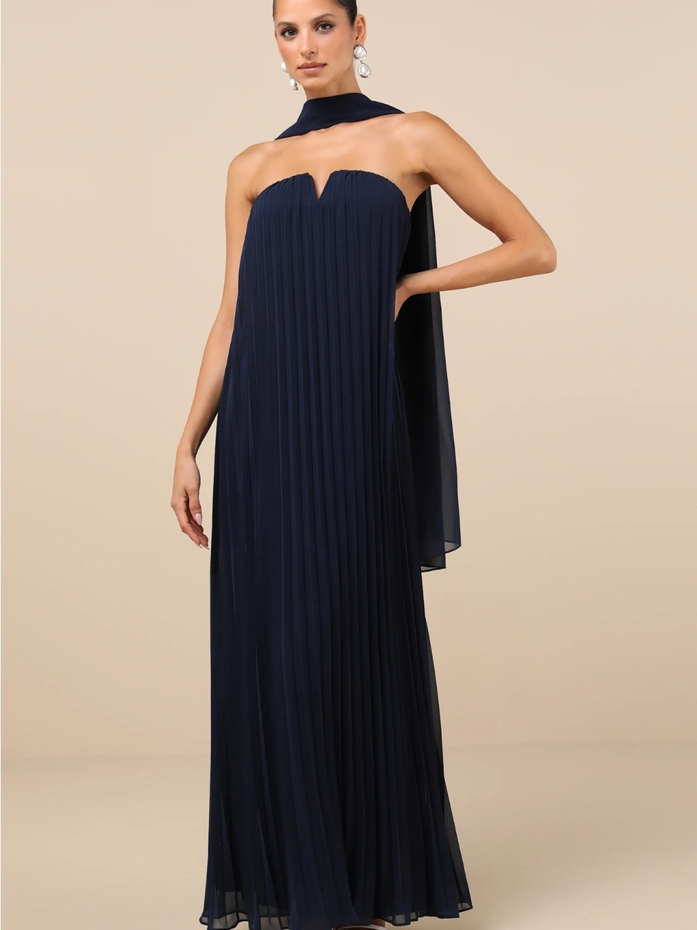 Lulu's Navy Strapless Pleated Evening Gown with Scarf